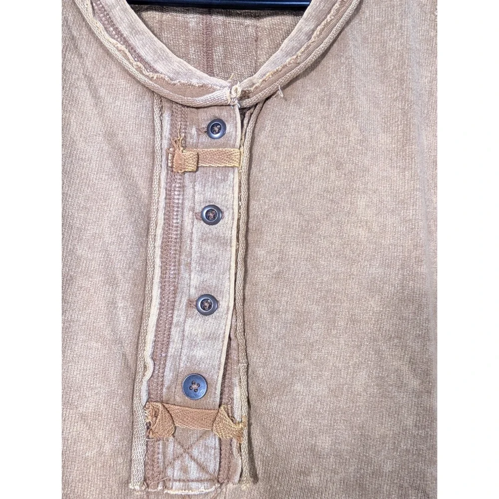 ZENANA Color Washed Henley‎ Tank top Tunic Raw Edge Exposed Seam Mocha Large